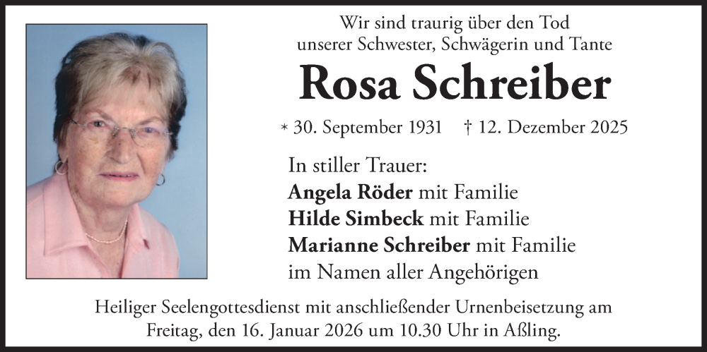  Traueranzeige für Rosa Schreiber vom 10.01.2026 aus merkurtz