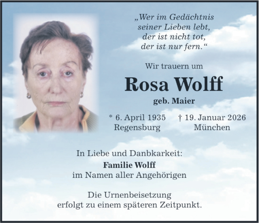  Traueranzeige für Rosa Wolff vom 31.01.2026 aus merkurtz
