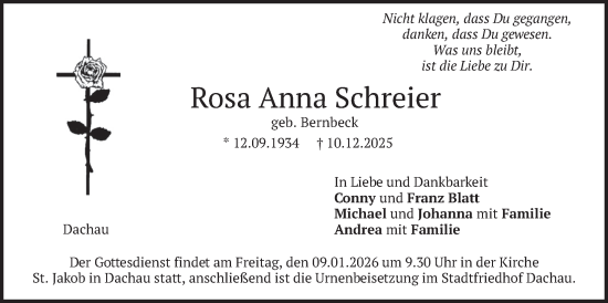 Traueranzeige von Rosa Anna Schreier von merkurtz