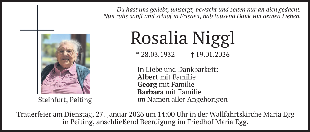 Traueranzeige für Rosalia Niggl vom 24.01.2026 aus merkurtz