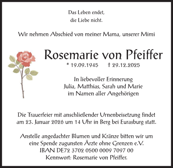 Traueranzeige von Rosemarie von Pfeiffer von merkurtz