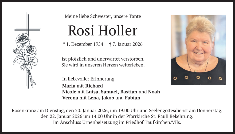  Traueranzeige für Rosi Holler vom 17.01.2026 aus merkurtz