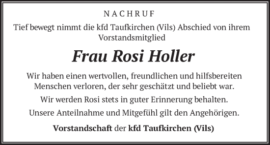 Traueranzeige von Rosi Holler von merkurtz