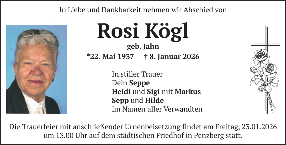  Traueranzeige für Rosi Kögl vom 17.01.2026 aus Das Gelbe Blatt Penzberg