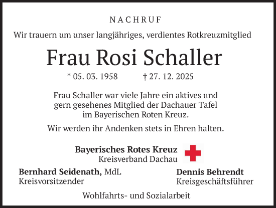 Traueranzeige von Rosi Schaller von merkurtz