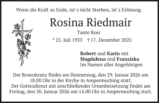 Traueranzeige von Rosina Riedmair von merkurtz