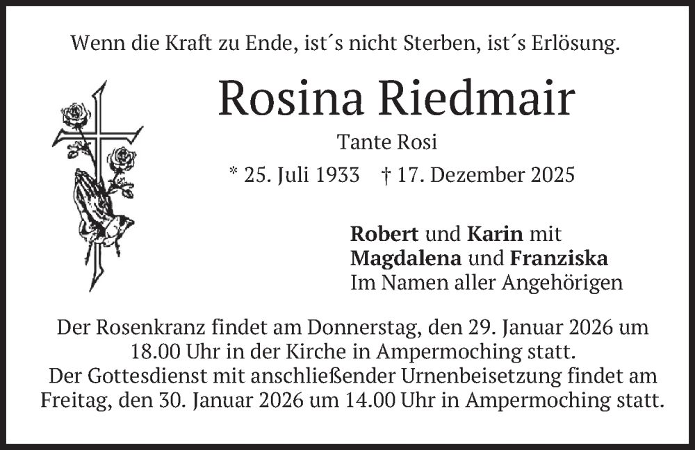  Traueranzeige für Rosina Riedmair vom 24.01.2026 aus merkurtz