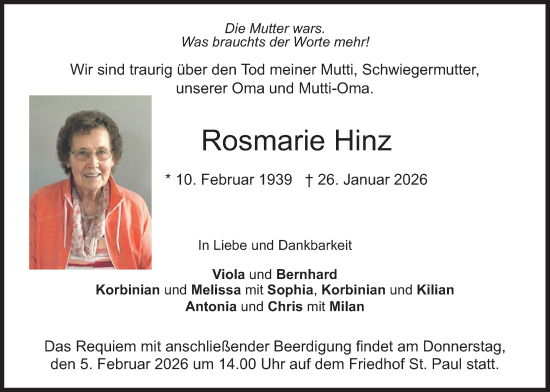 Traueranzeige von Rosmarie Hinz von merkurtz