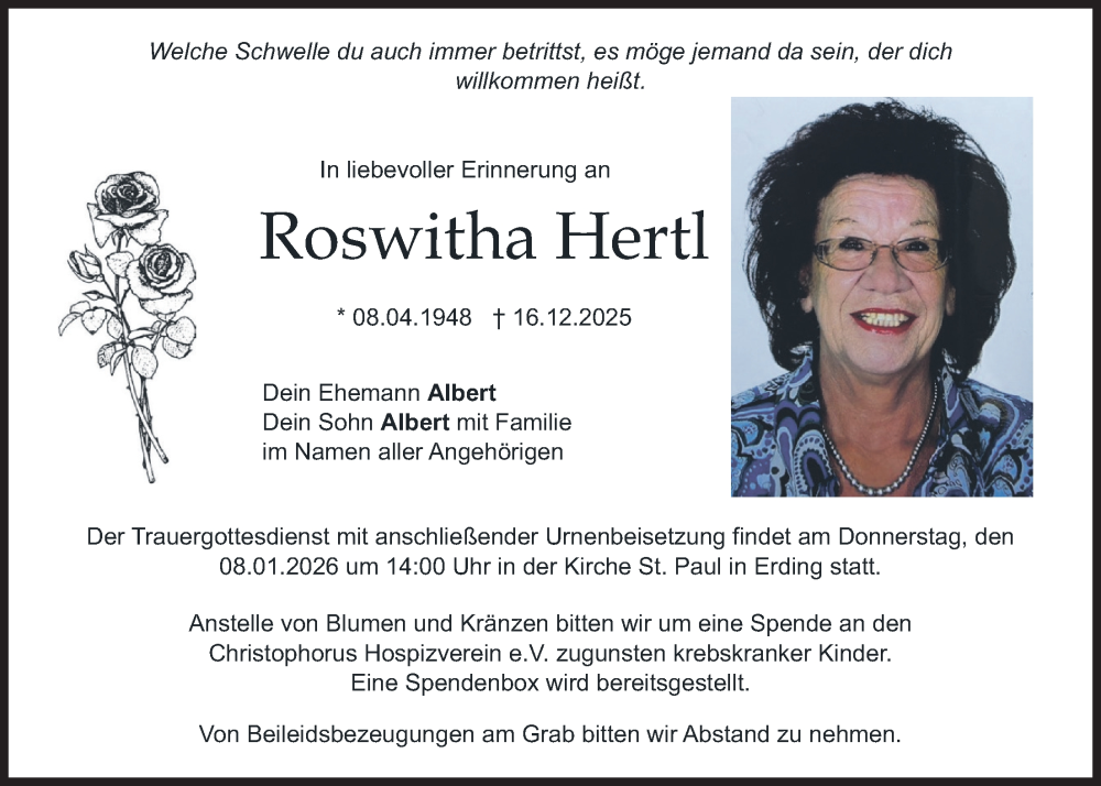  Traueranzeige für Roswitha Hertl vom 03.01.2026 aus merkurtz