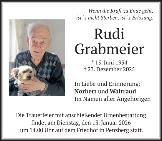 Traueranzeige von Rudi Grabmeier von Das Gelbe Blatt Penzberg
