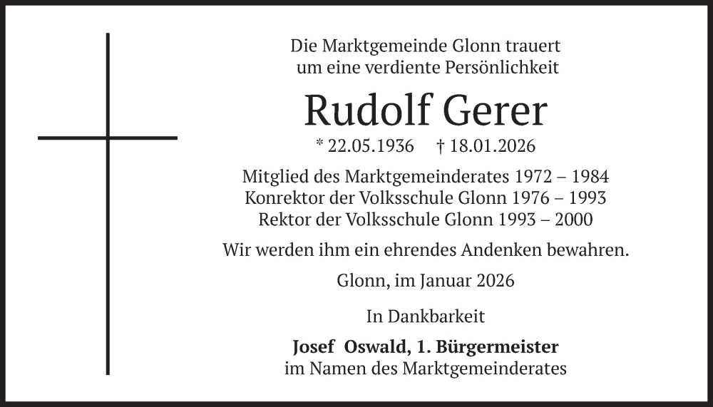  Traueranzeige für Rudolf Gerer vom 22.01.2026 aus merkurtz