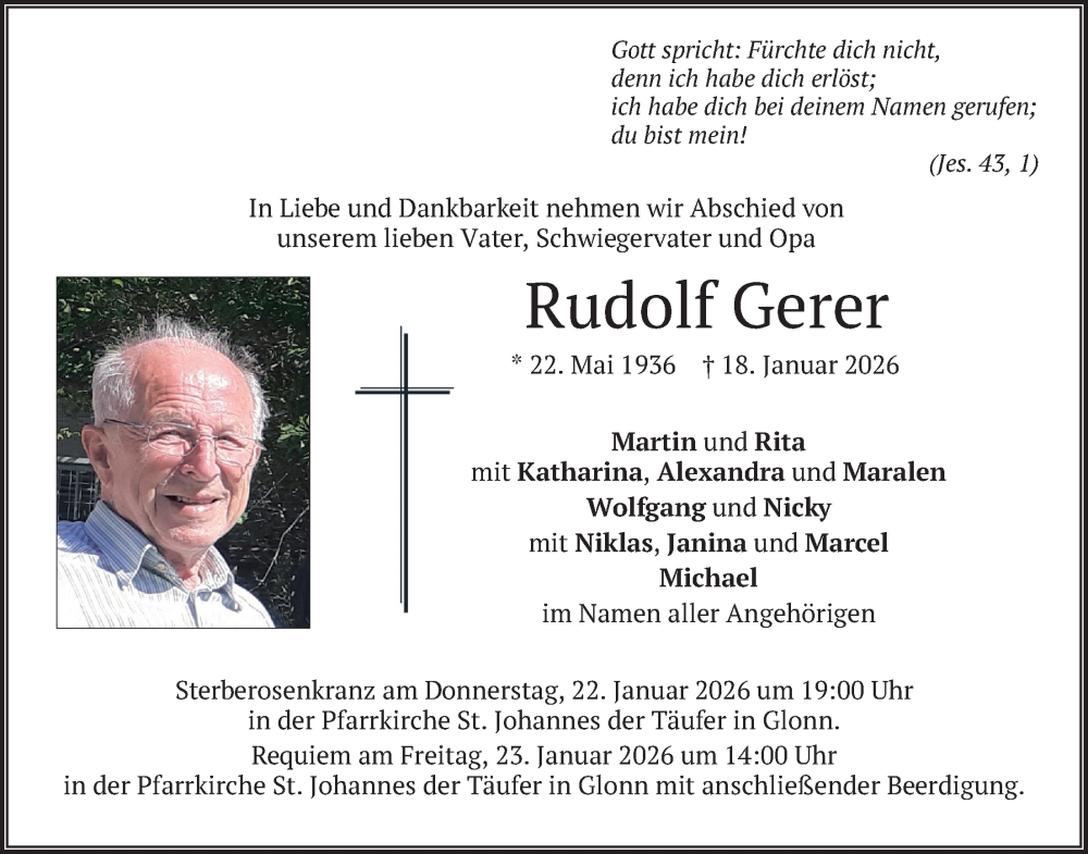  Traueranzeige für Rudolf Gerer vom 20.01.2026 aus merkurtz