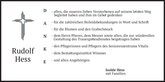 Traueranzeige von Rudolf Hess von merkurtz