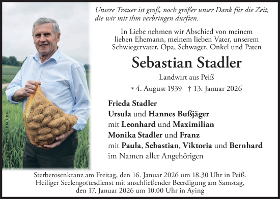 Traueranzeige von Sebastian Stadler von merkurtz