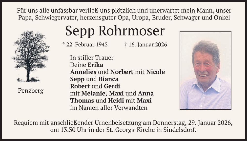  Traueranzeige für Sepp Rohrmoser vom 23.01.2026 aus merkurtz