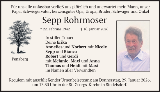 Traueranzeige von Sepp Rohrmoser von Das Gelbe Blatt Penzberg