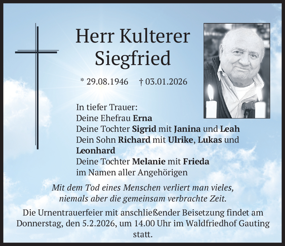  Traueranzeige für Siegfried Kulterer vom 31.01.2026 aus merkurtz