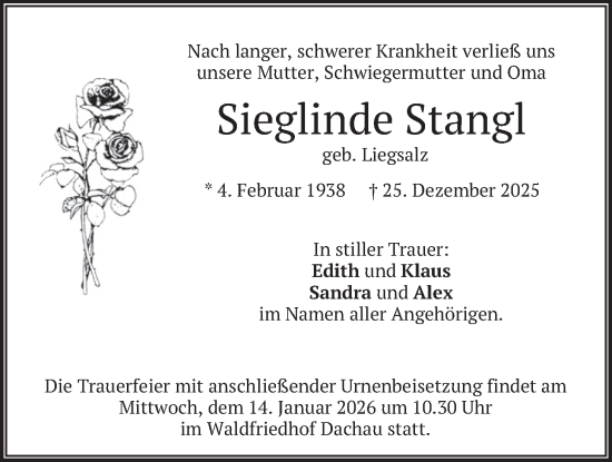 Traueranzeige von Sieglinde Stangl von merkurtz