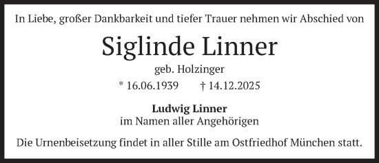 Traueranzeige von Siglinde Linner von merkurtz
