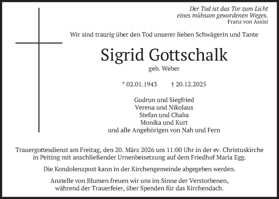 Traueranzeige von Sigrid Gottschalk von merkurtz
