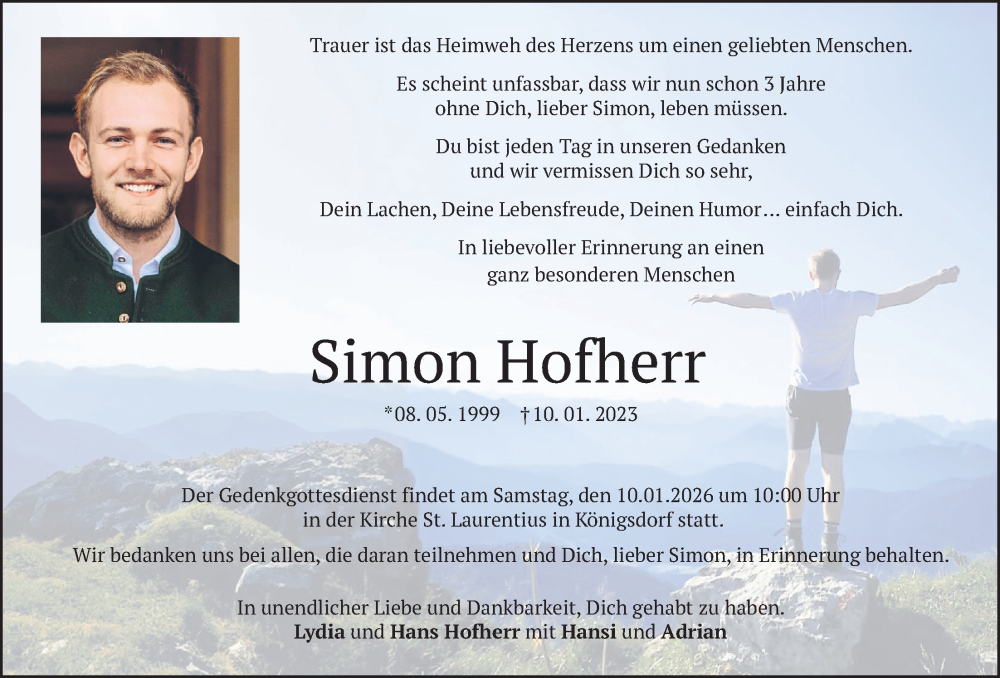  Traueranzeige für Simon Hofherr vom 05.01.2026 aus merkurtz