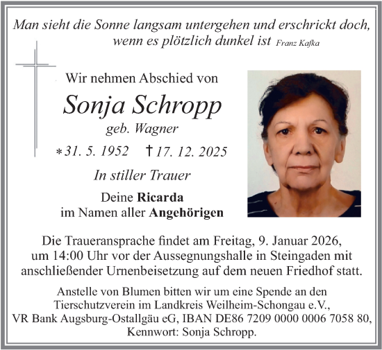Traueranzeige von Sonja Schropp von merkurtz