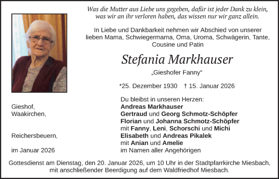 Traueranzeige von Stefania Markhauser von merkurtz