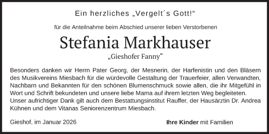 Traueranzeige von Stefania Markhauser von merkurtz