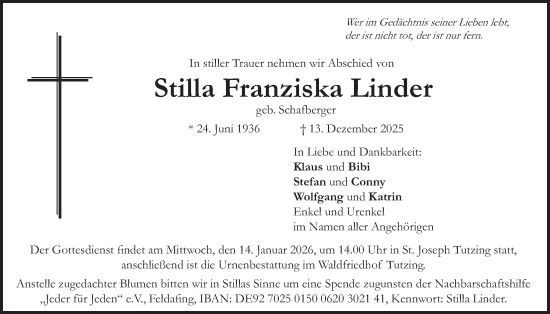 Traueranzeige von Stilla Franziska Linder von merkurtz