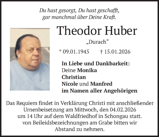 Traueranzeige von Theodor Huber von merkurtz