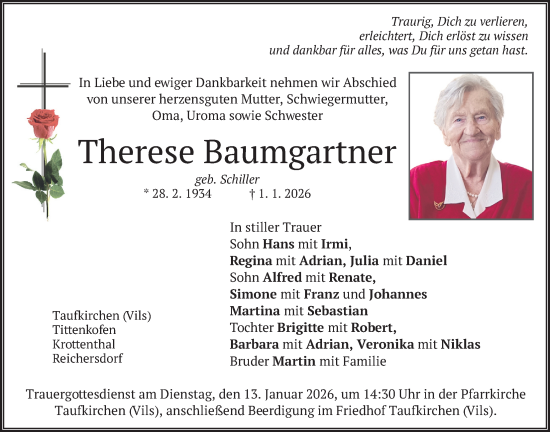 Traueranzeige von Therese Baumgartner von merkurtz