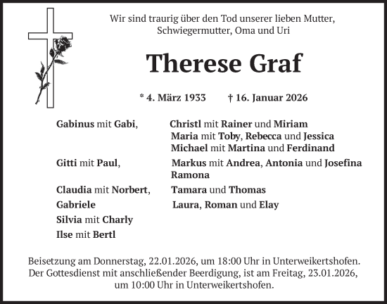 Traueranzeige von Therese Graf von merkurtz