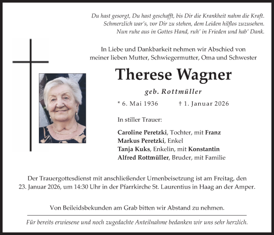 Traueranzeige von Therese Wagner von merkurtz