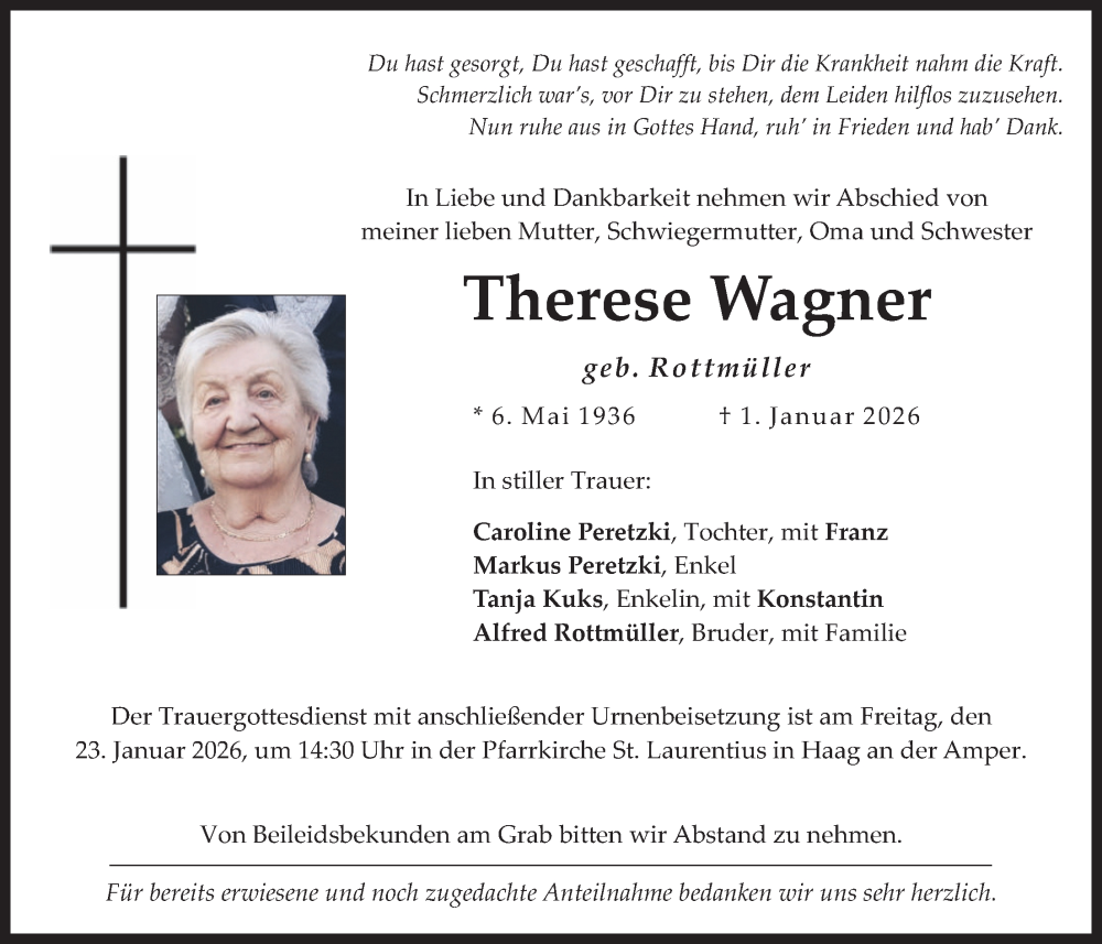  Traueranzeige für Therese Wagner vom 17.01.2026 aus merkurtz
