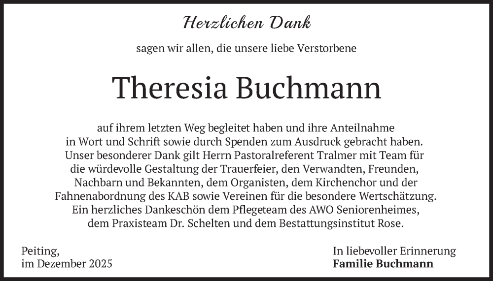  Traueranzeige für Theresia Buchmann vom 03.01.2026 aus merkurtz