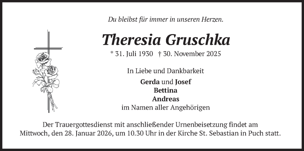  Traueranzeige für Theresia Gruschka vom 24.01.2026 aus merkurtz