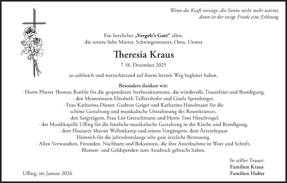  Traueranzeige für Theresia Kraus vom 17.01.2026 aus merkurtz