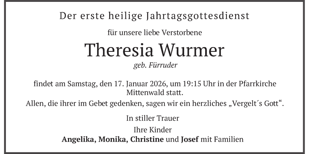  Traueranzeige für Theresia Wurmer vom 10.01.2026 aus merkurtz