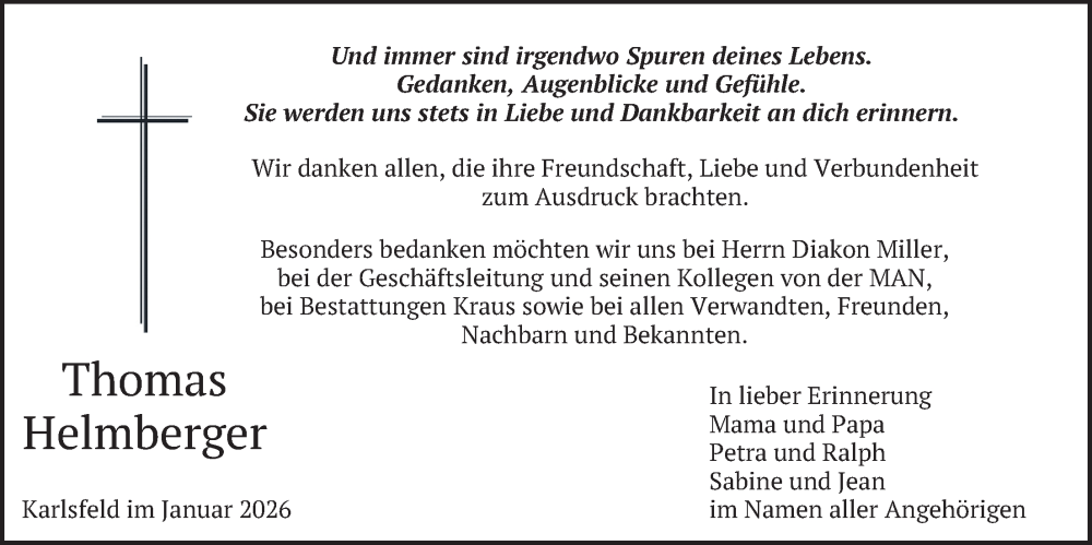  Traueranzeige für Thomas Helmberger vom 31.01.2026 aus merkurtz