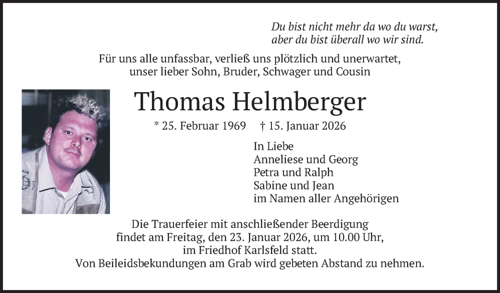  Traueranzeige für Thomas Helmberger vom 20.01.2026 aus merkurtz