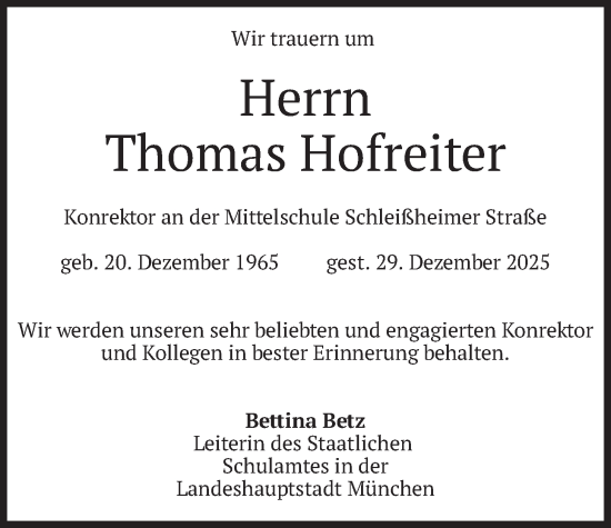 Traueranzeige von Thomas Hofreiter von merkurtz