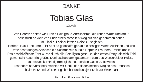 Traueranzeige von Tobias Glas von merkurtz