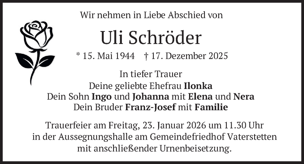  Traueranzeige für Uli Schröder vom 17.01.2026 aus merkurtz