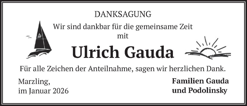  Traueranzeige für Ulrich Gauda vom 17.01.2026 aus merkurtz