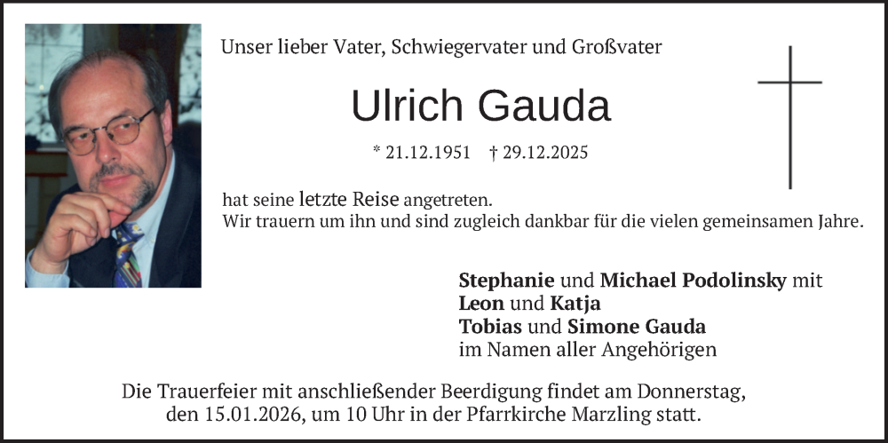  Traueranzeige für Ulrich Gauda vom 05.01.2026 aus merkurtz