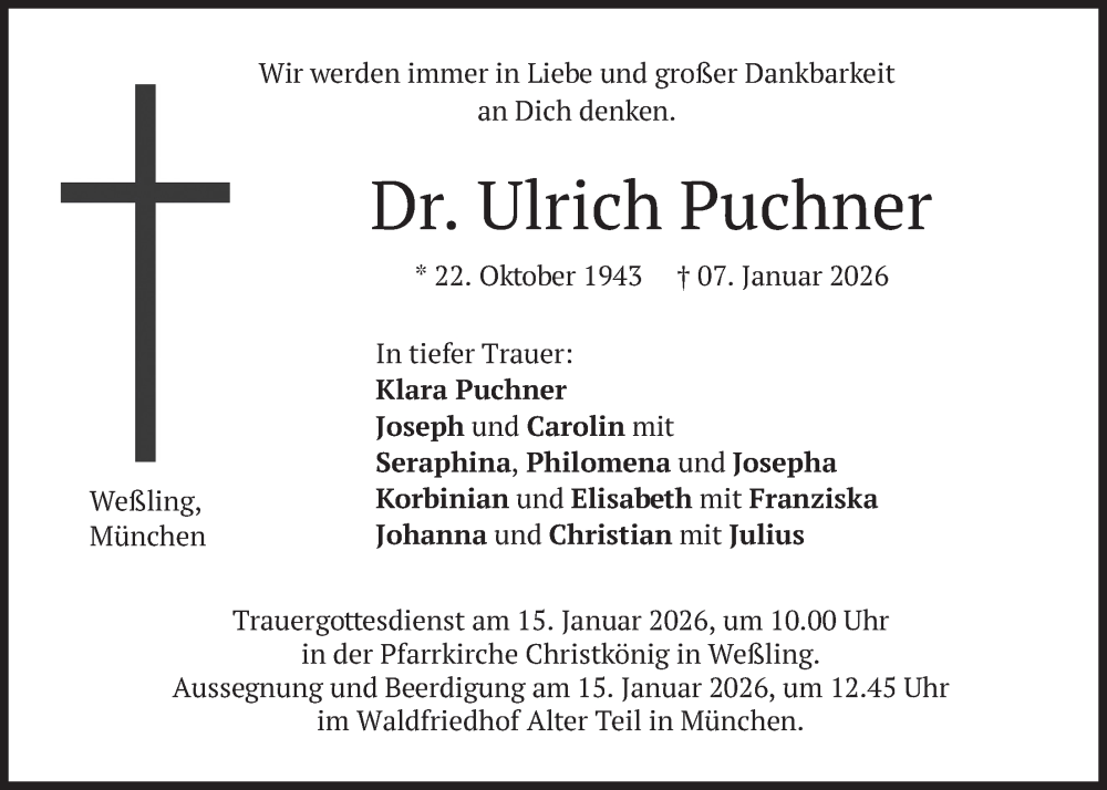  Traueranzeige für Ulrich Puchner vom 10.01.2026 aus merkurtz