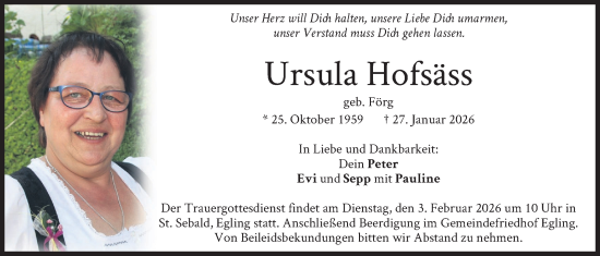 Traueranzeige von Ursula Hofsäss von merkurtz