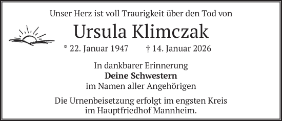 Traueranzeige von Ursula Klimczak von merkurtz