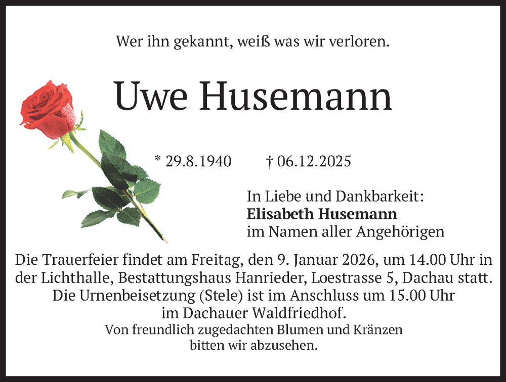  Traueranzeige für Uwe Husemann vom 03.01.2026 aus merkurtz