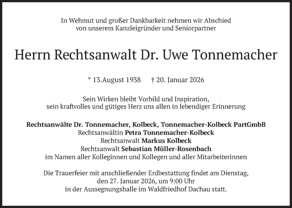  Traueranzeige für Uwe Tonnemacher vom 23.01.2026 aus merkurtz